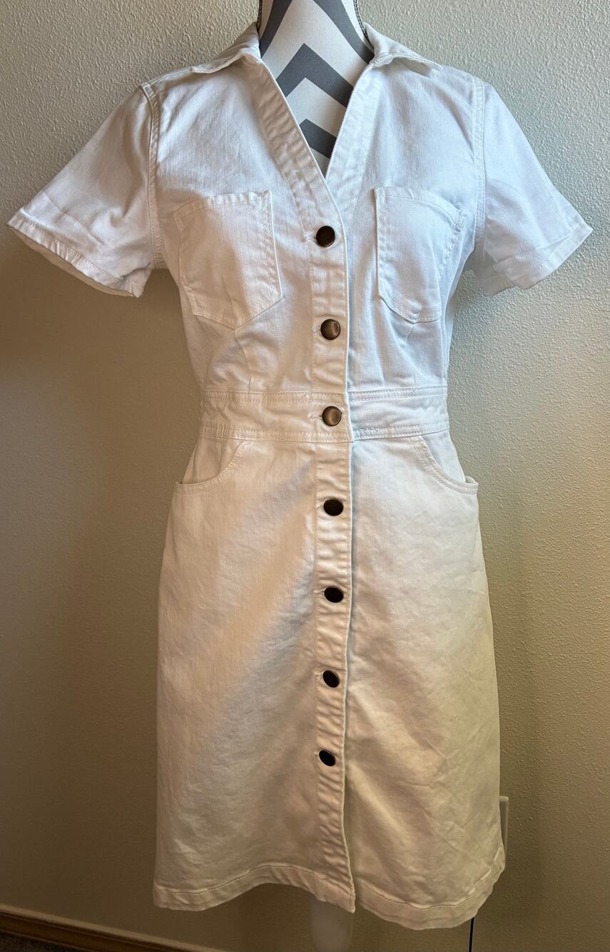 DRAPER JAMES | White Denim Mini Utility Dress Button Front V Neck | Size 8